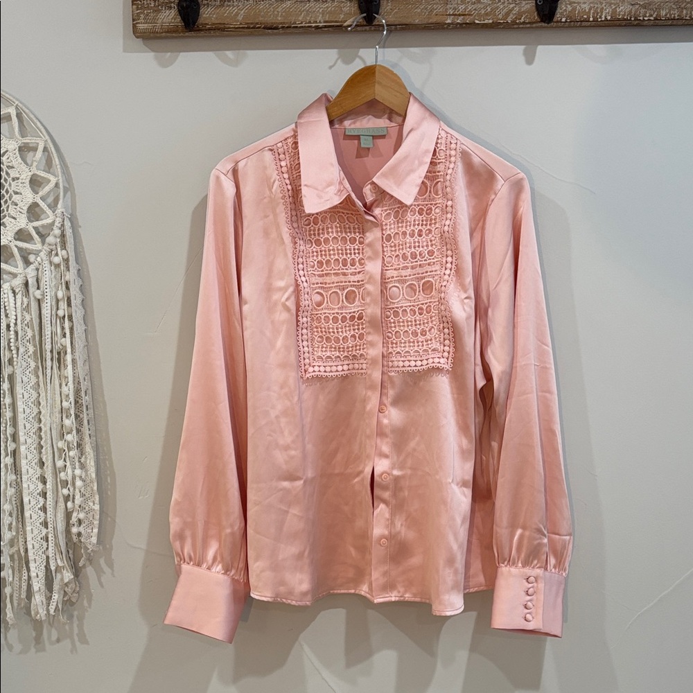 Ryegrass Pink Button Down Satin Shirt with Lace Accents